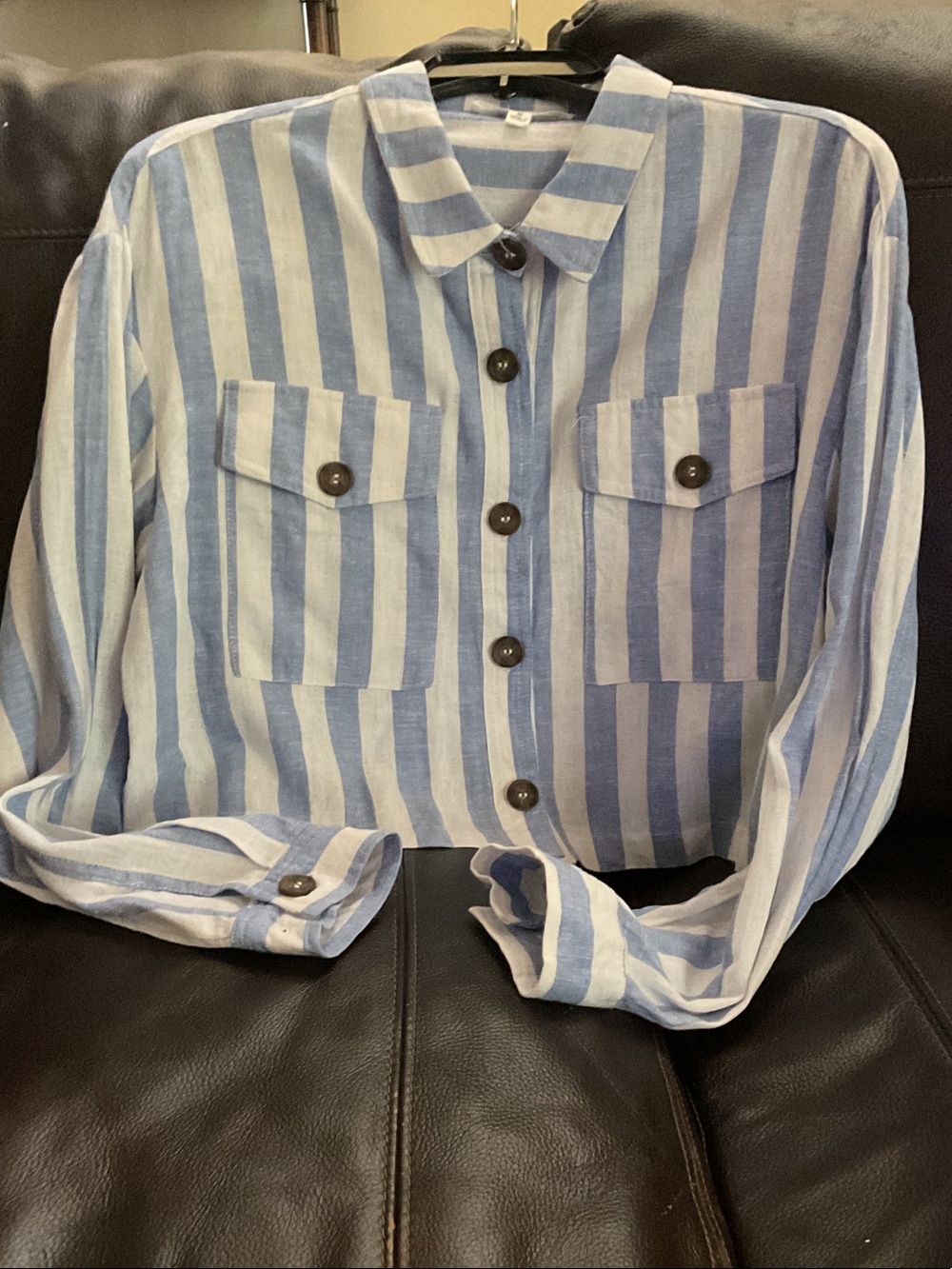 Love Tree Blue and White Vertical Stripe Button-Down Shirt